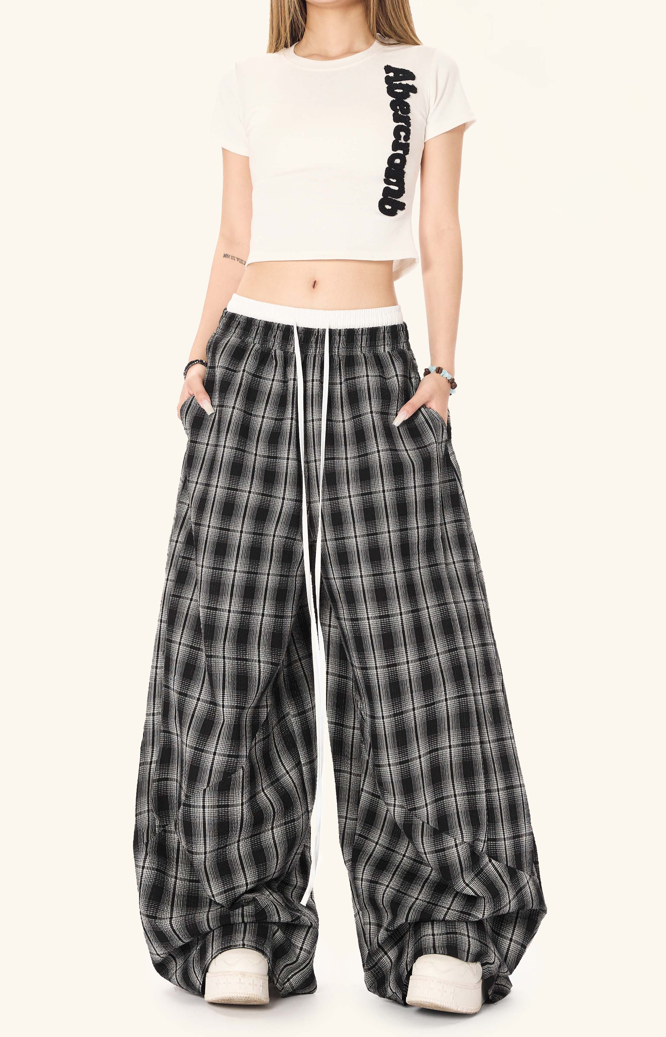 Omirad Plaid Barrel-Leg Pants | Wide-Leg Streetwear Trousers