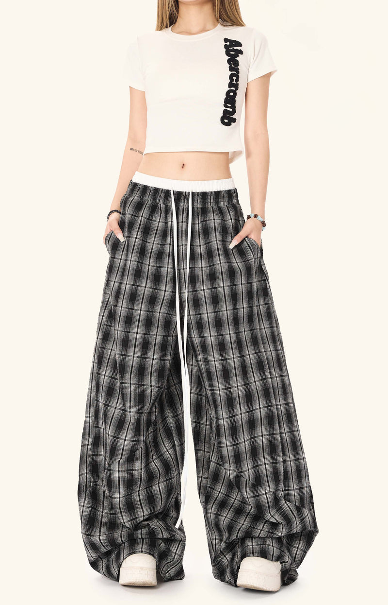 Omirad Plaid Barrel-Leg Pants | Wide-Leg Streetwear Trousers