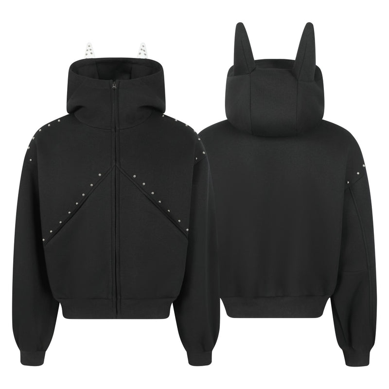 Black oversized zip hoodie with devil horn hood, studded front panels and back view
