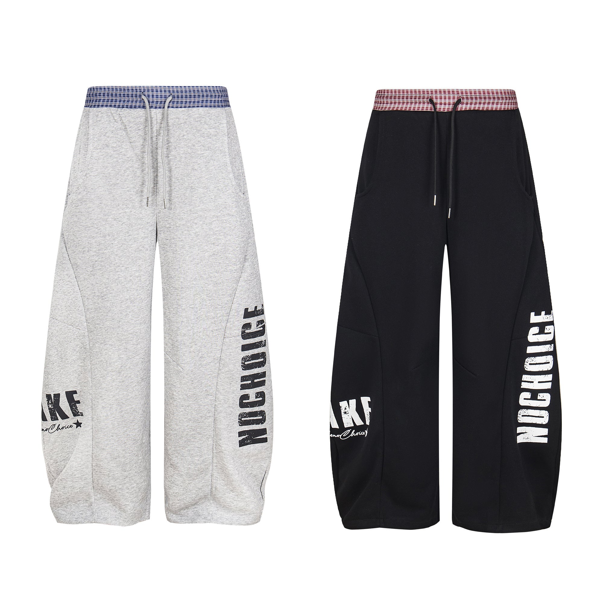 Grey and black wide-leg track pants with contrast plaid waistband and bold NOCHOICE side print, shown front view