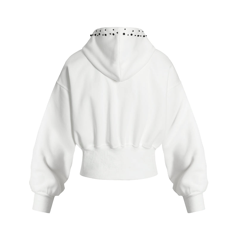White cropped hoodie back view with black pearl-trimmed hood and ribbed hem
