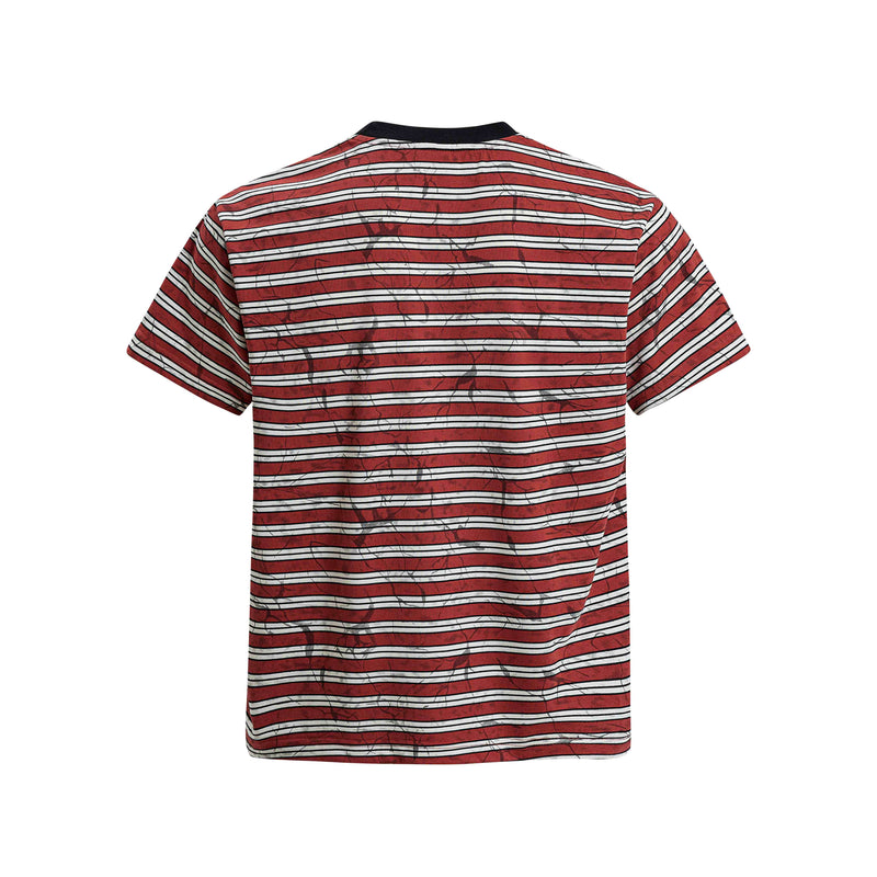 Red and white striped streetwear T-shirt with graffiti-style crackle print and black crew neck back view