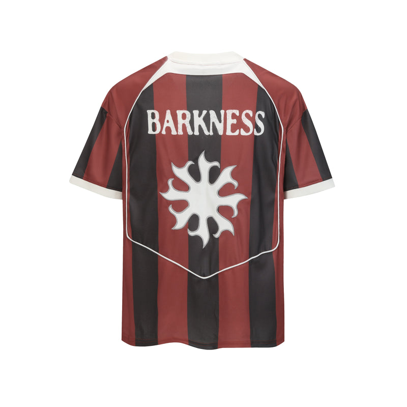 Retro red and black vertical stripe soccer jersey tee with Barkness graphic and white trim on the back