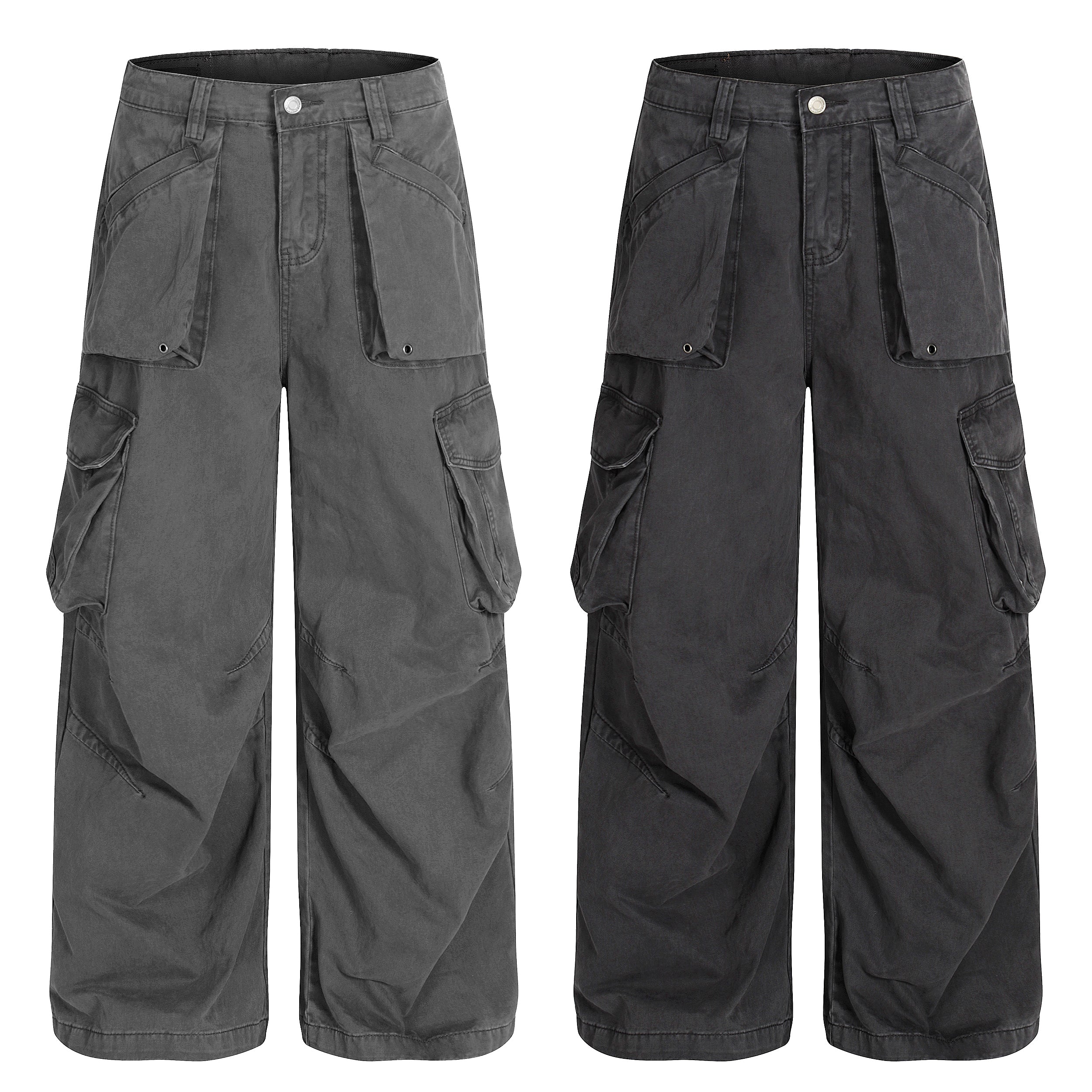 Washed grey wide-leg cargo pants with oversized 3D front and side pockets, shown flat on white background