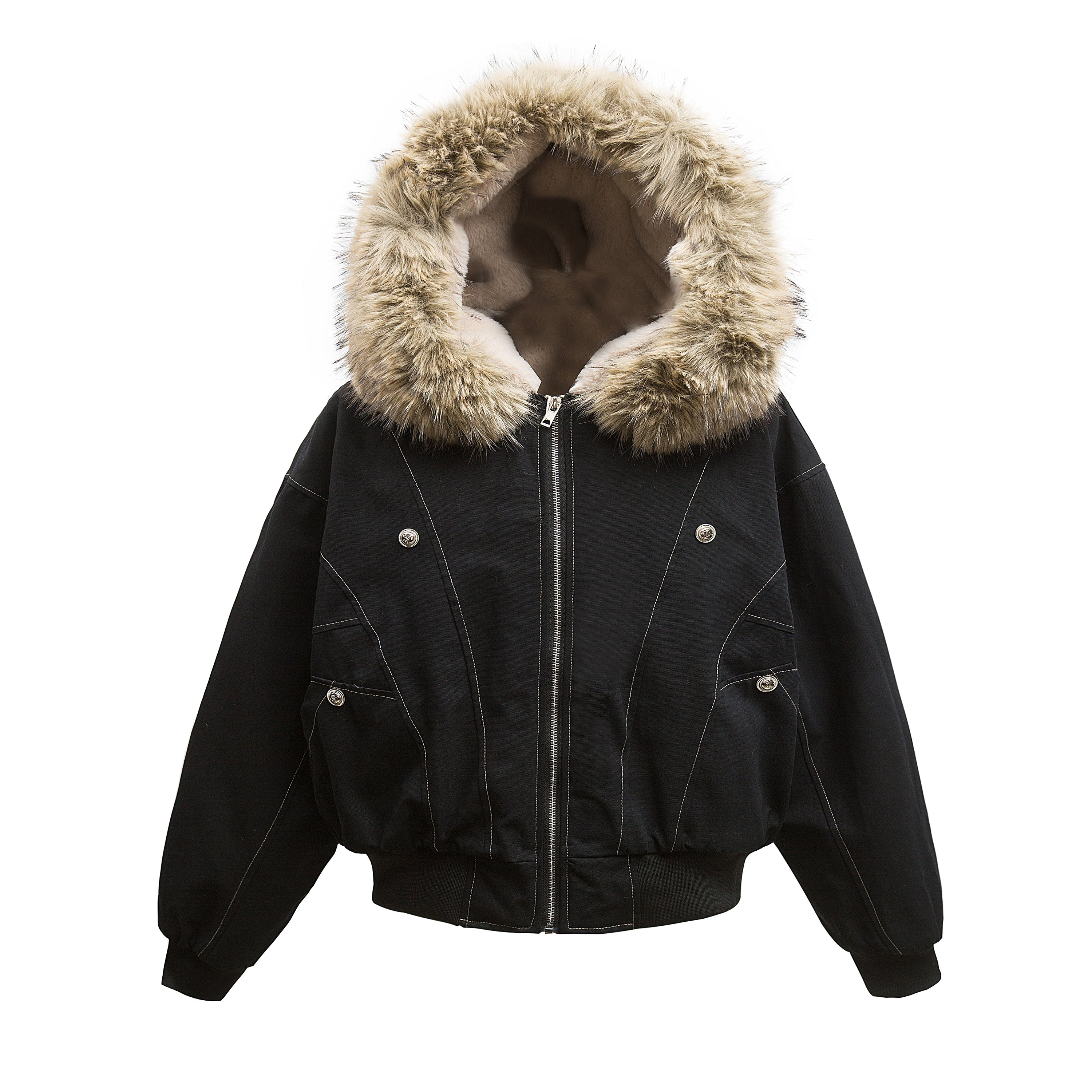 Faux-Fur Hooded Oversized Bomber Jacket | 100% Cotton