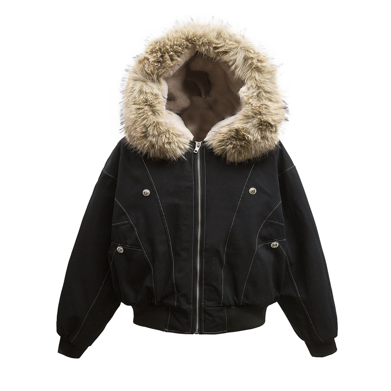 Faux-Fur Hooded Oversized Bomber Jacket | 100% Cotton