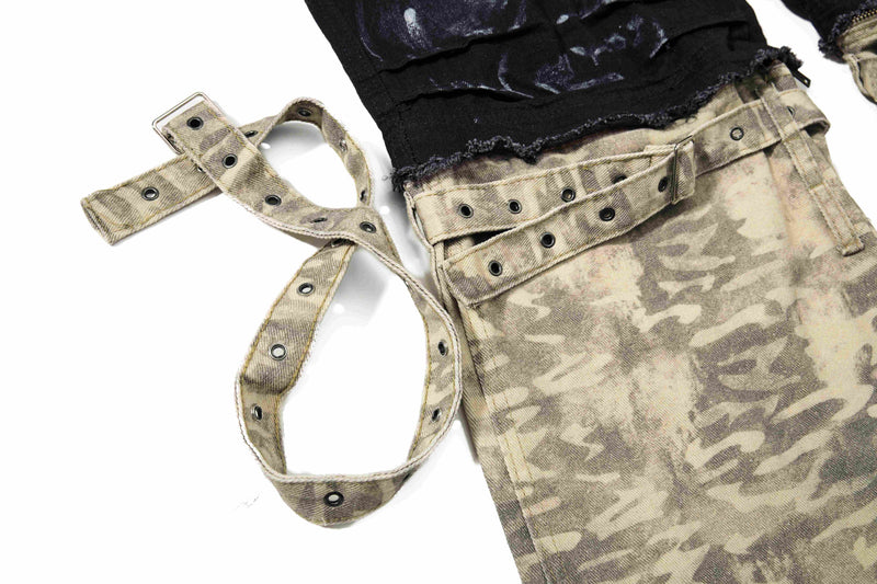 Beige camouflage waistband and hanging strap detail on cargo denim pants
