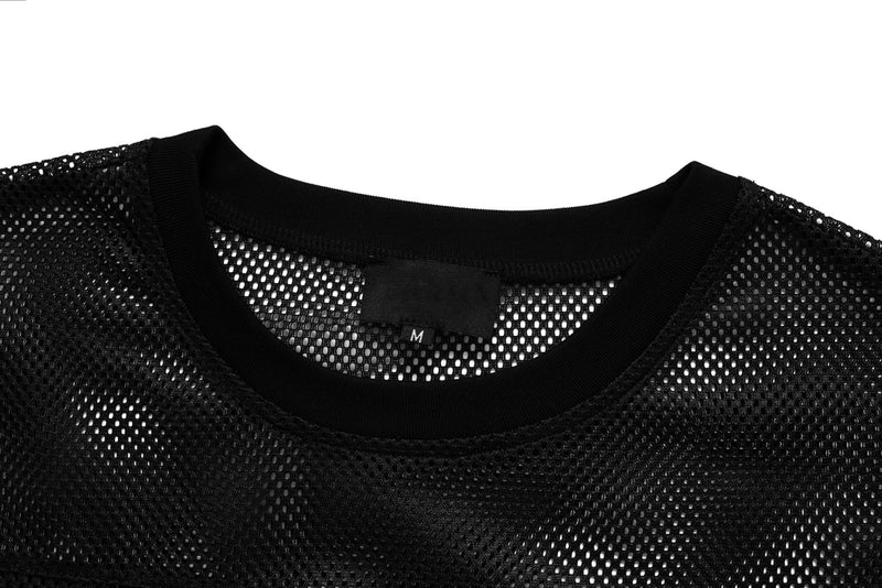 Black gothic mesh jersey tee with ribbed crew neck and sheer perforated streetwear fabric detail