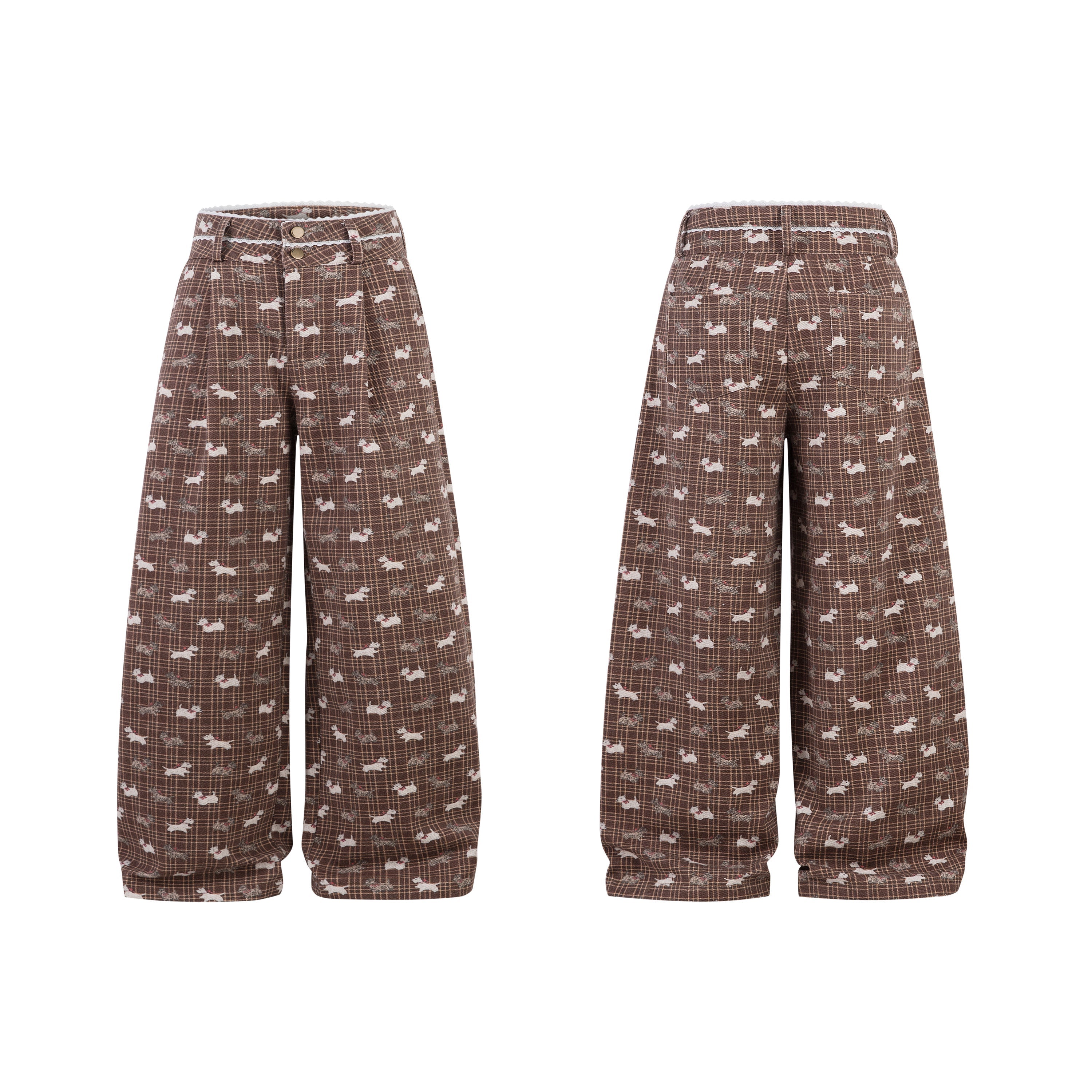 Brown plaid wide-leg pants with all-over white dog print, shown front and back view on white background