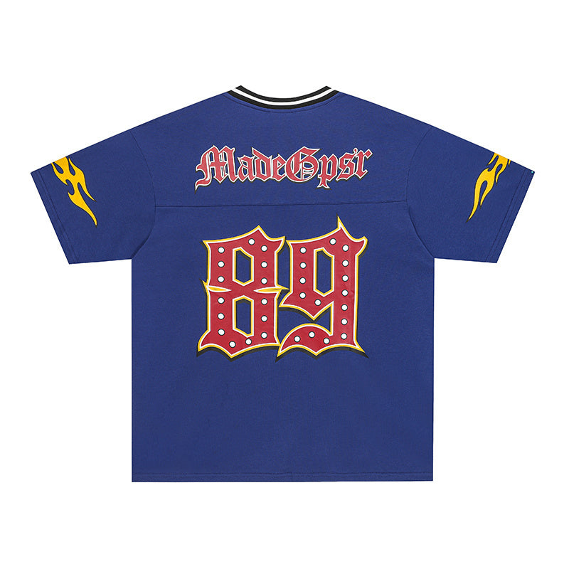 Blue Gothic flame cotton football jersey with bold red 89 graphic, MadeGypsr lettering, and yellow sleeve accents