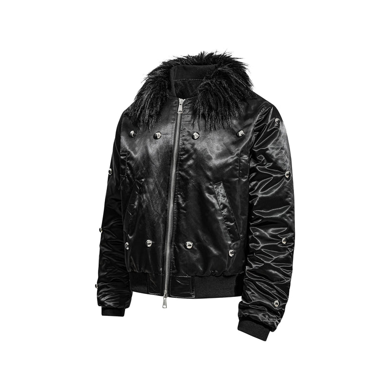 Omirad Glossy Bomber Jacket with Detachable Faux Fur Collar