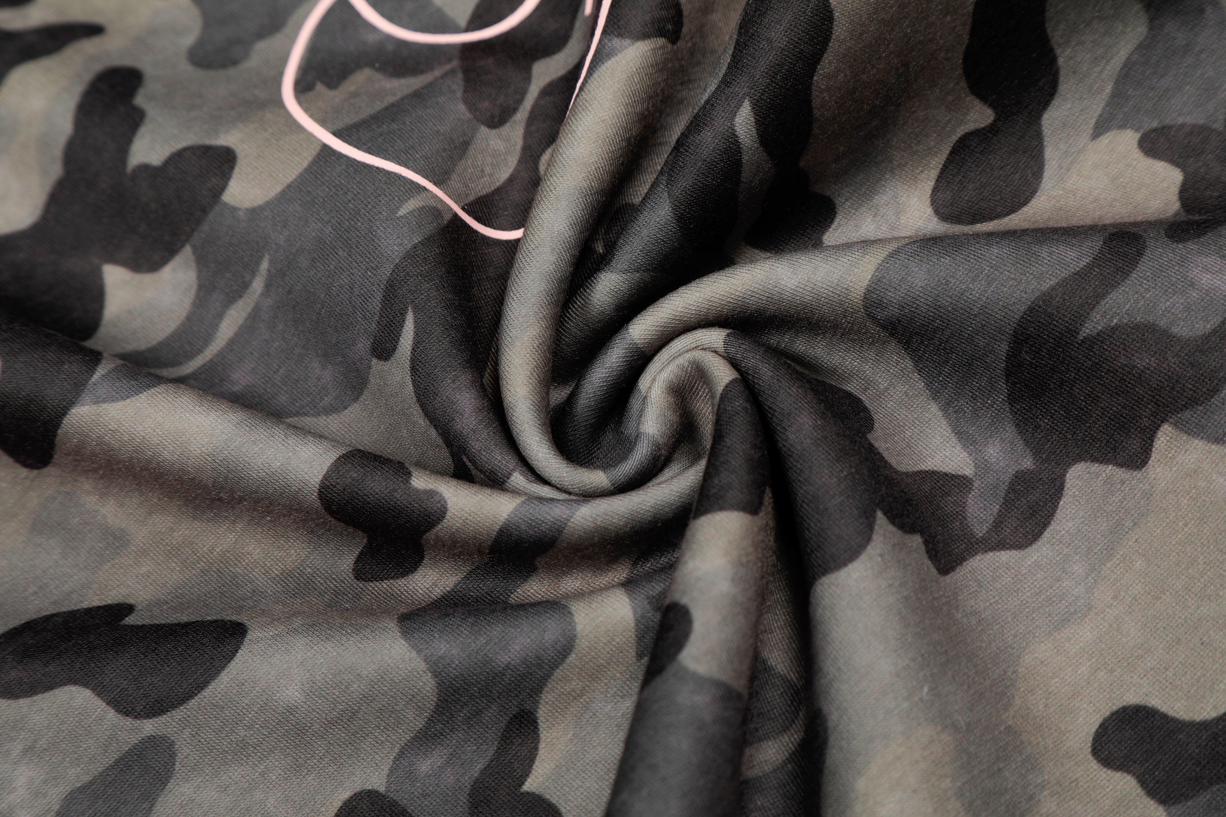 Camo Wide-Leg Pants with Pink Faux Fur Trim & Studded Belt