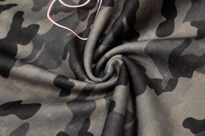 Camo Wide-Leg Pants with Pink Faux Fur Trim & Studded Belt