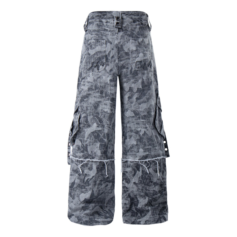Gray distressed camo cargo pants back view with cargo pockets