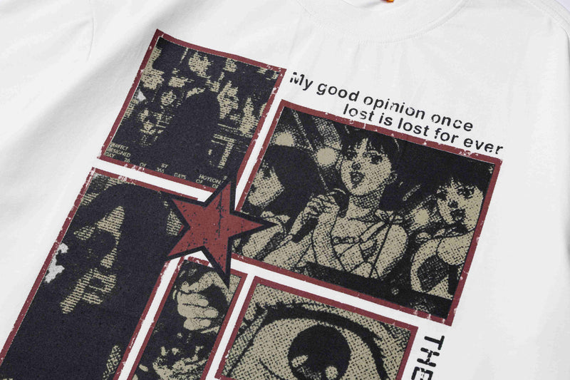 White graphic tee with vintage panel collage, red-bordered black prints, and bold text on the chest