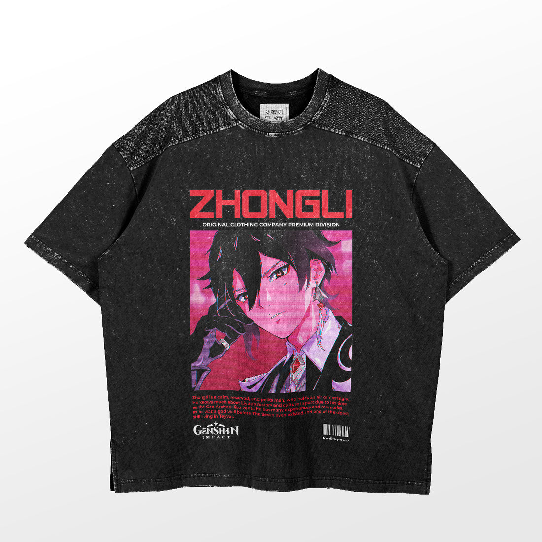 The Genshin Impact Shirt by Genshin features a high-quality black cotton design with an anime-style character with black hair on a striking red and white background. &quot;ZHONGLI&quot; is prominently displayed in bold red letters, making it ideal for casual daily wear, enhanced by additional text and logos below.