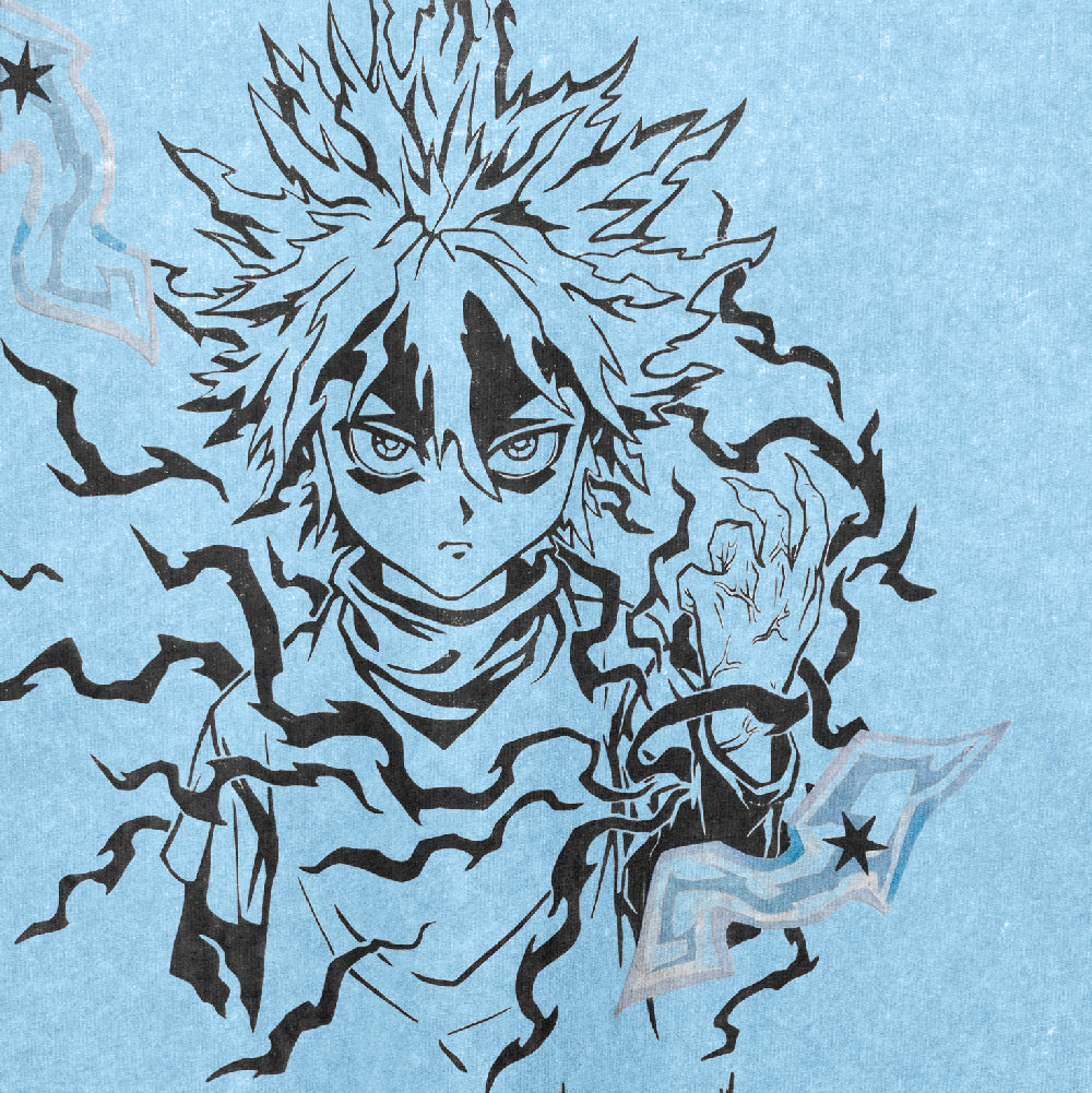 The Anime Character 'Doesn't Hurt' Washed Vintage T-Shirt from Hunter × Hunter features a black and white illustration of a spiky-haired anime character with an intense expression, energy-like lines around the extended hand, and a textured light blue background for a drop-shoulder fit.