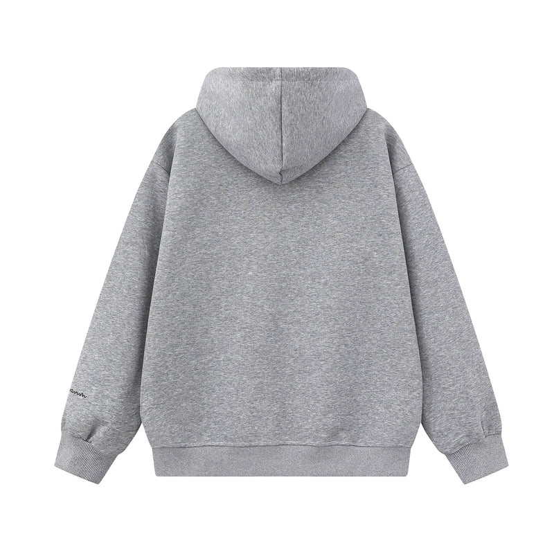 Back view of gray zip-up hoodie with plain hood and ribbed hem
