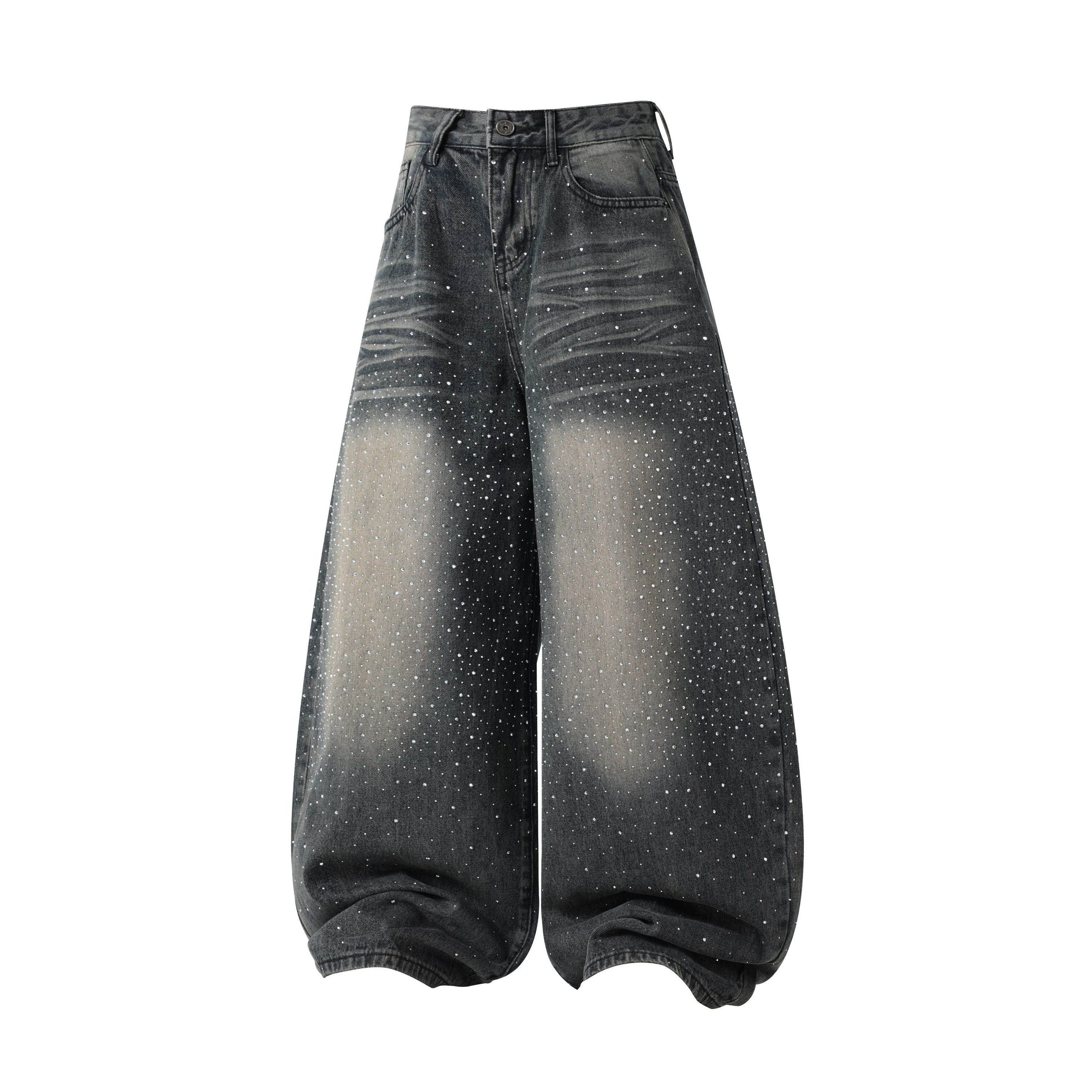 Starfade Wide-Leg Denim Pants | Rhinestone Streetwear Jeans