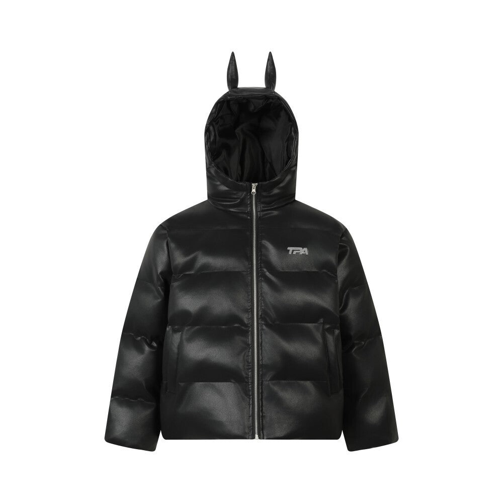 Omirad PU Gloss Bat-Ear Hooded Puffer Jacket | Black
