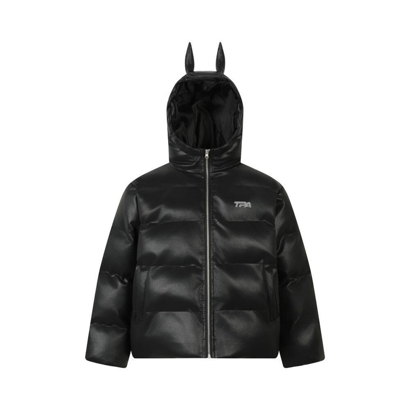 Omirad PU Gloss Bat-Ear Hooded Puffer Jacket | Black