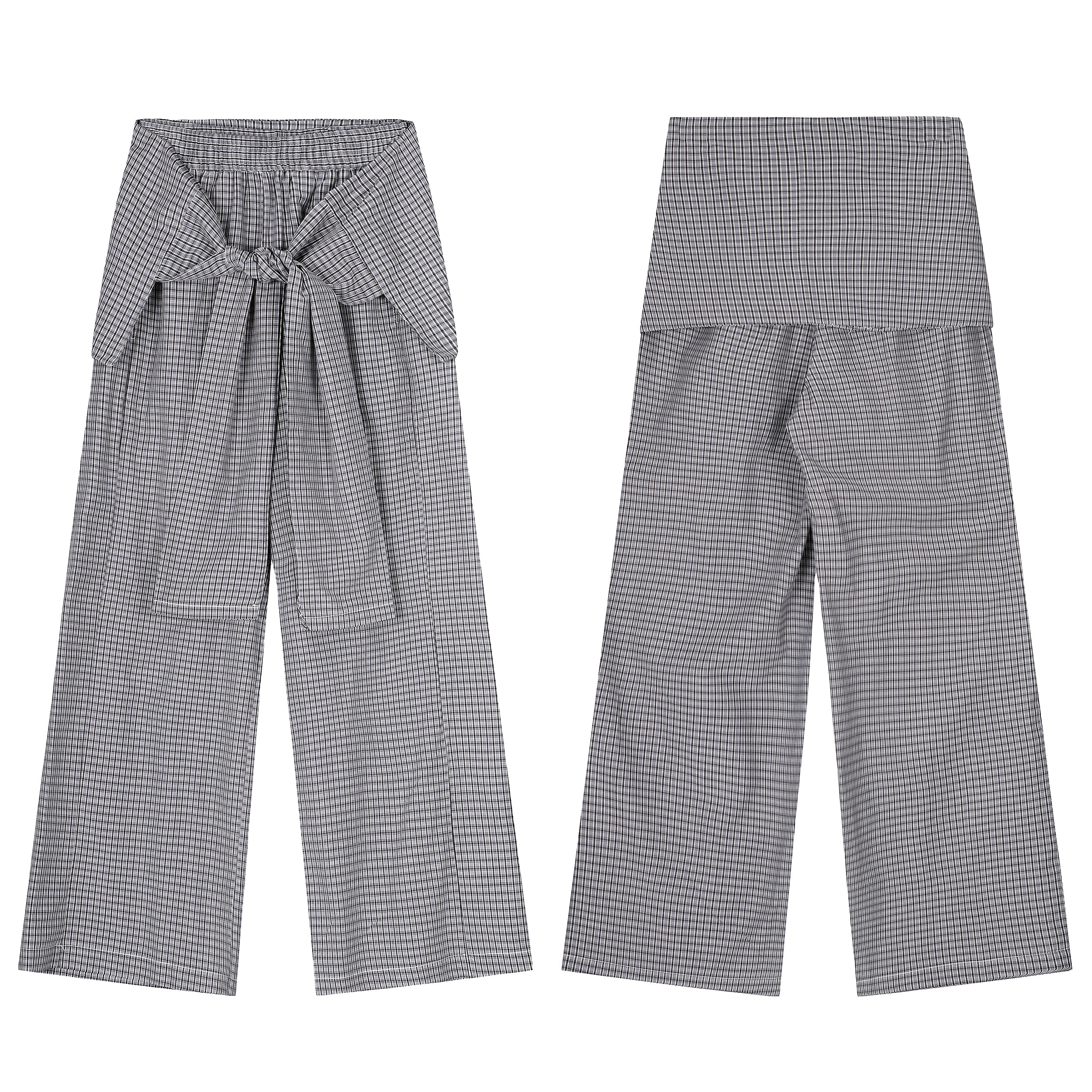 Grey micro-check wide-leg pants with tie-front fold-over waistband, shown flat lay front and back view