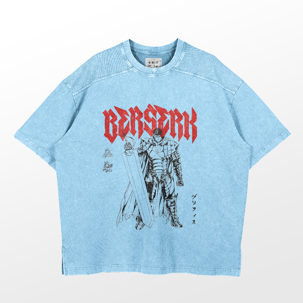 The light blue Berserk Guts Washed Vintage T-Shirt features a warrior wielding a large sword graphic, echoing Guts’ armor. "Berserk" is prominent in bold red above the image, with Japanese text enhancing its anime streetwear style. Made from high-quality 260 GSM cotton.