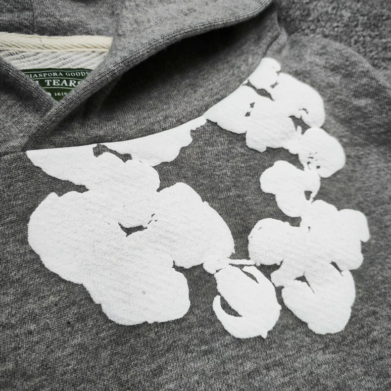 Gray “Cotton Wreath” Denim Tears Hoodie – White Floral Print Streetwear Pullover