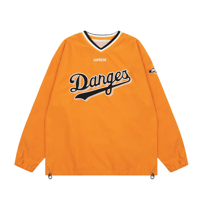 Orange varsity windbreaker pullover with black and white V-neck trim and front Danges graphic