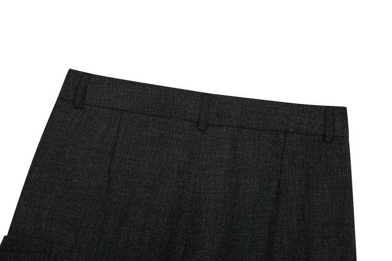 Close-up of black cargo pants back waistband and top seam