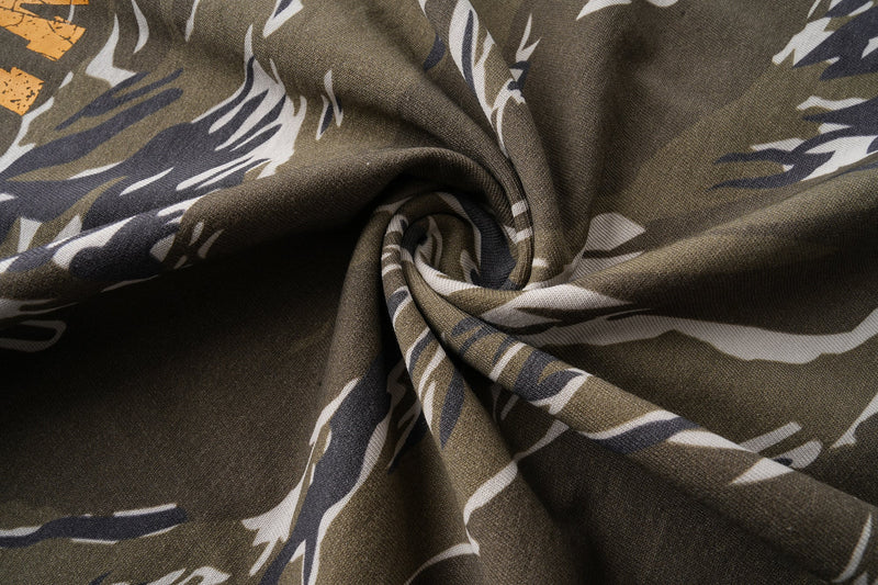 Camo fabric texture close-up with gathered folds on layered long sleeve tee