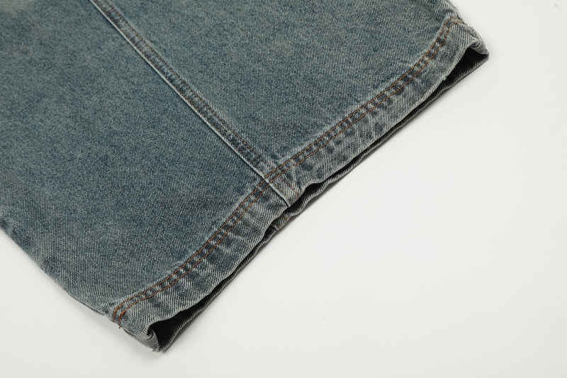 Cuffed hem close-up of vintage wash balloon denim pants