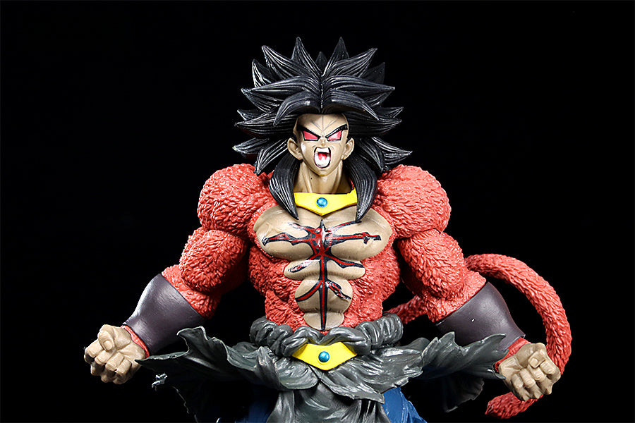 Explore the Seakoff Super Saiyan Broly Collectible Figure, a 33cm Dragon Ball Z action figure featuring an anime character with spiky black hair, red eyes, pointed ears, and a long tail. Dressed in a textured red shirt, yellow belt, and blue pants, it boldly stands against a black background—a must-have for fans.