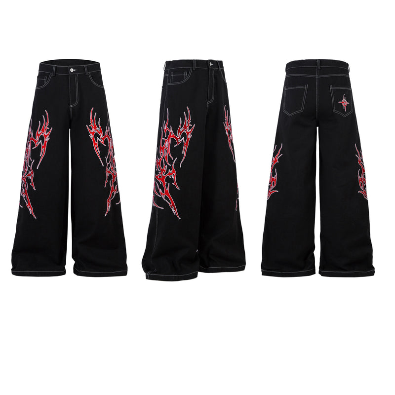 Flame Graphic Wide-Leg Black Denim Jeans | Streetwear