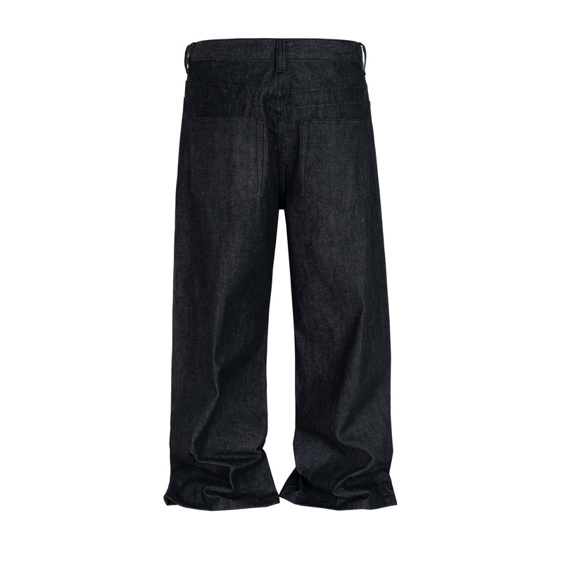 Back view of black wide-leg denim jeans with high-rise waistband and raw hem