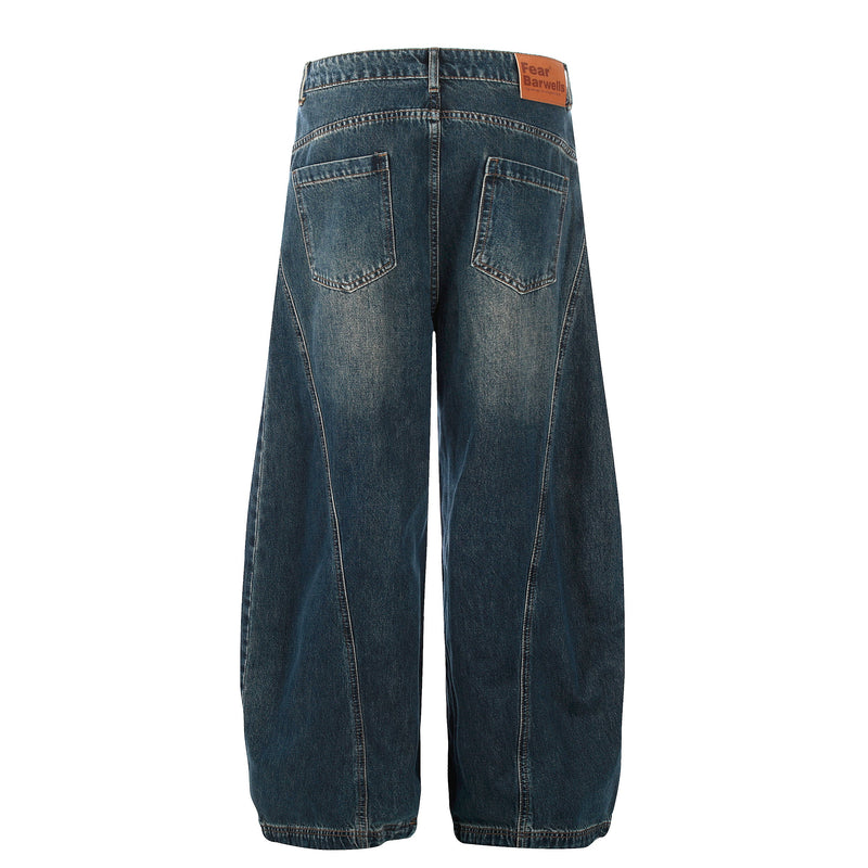 Blue vintage wash balloon jeans, back view with patch pockets