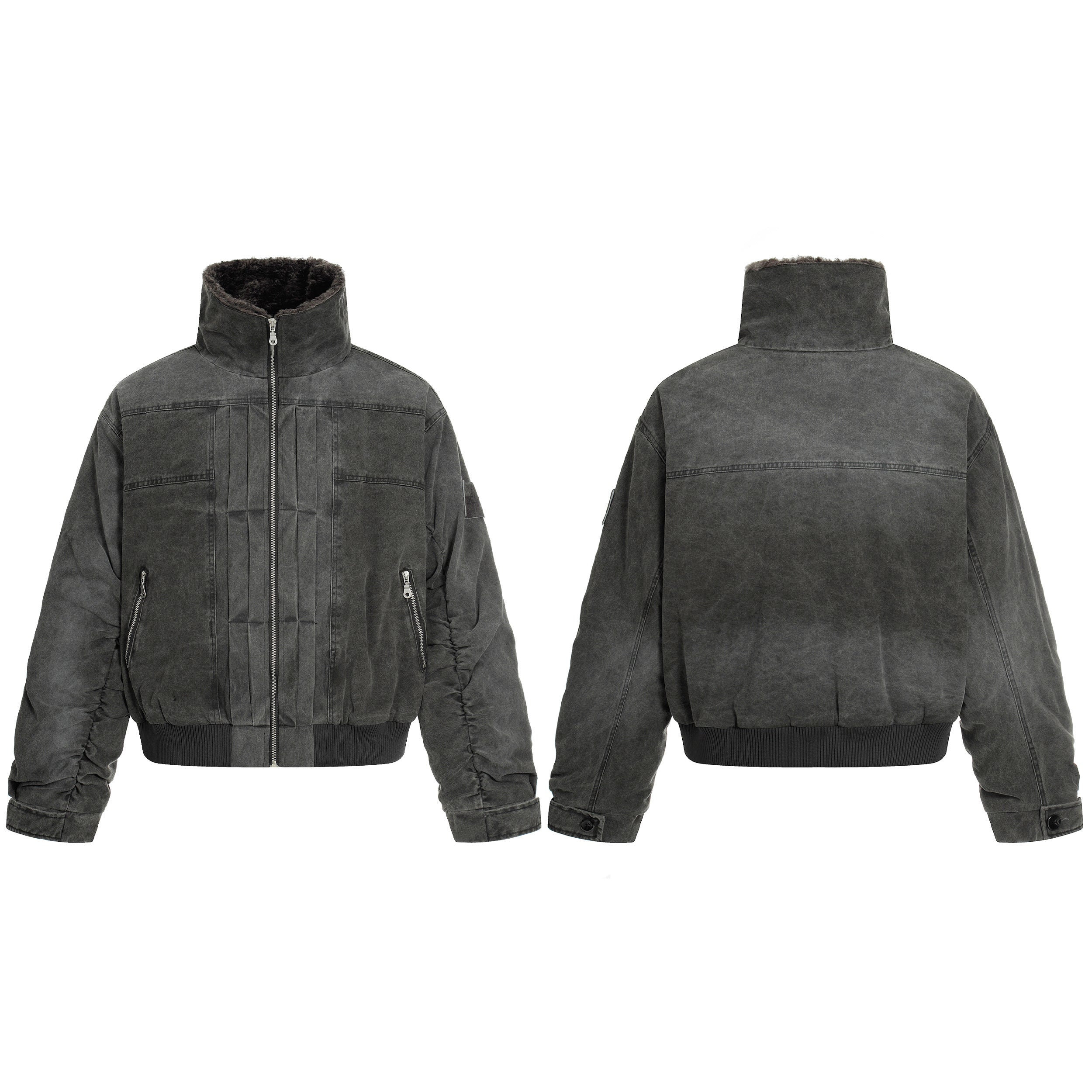 Front and back view of a charcoal grey washed cotton bomber jacket with sherpa collar, zip pockets, and ribbed hem