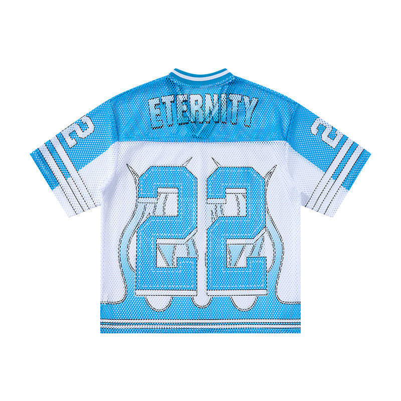 Blue and white mesh jersey T-shirt with ETERNITY and large 22 graphic on the back, streetwear style