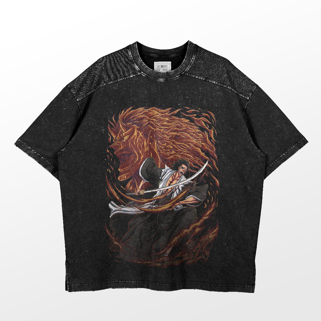 A black cotton Bleach Shirt featuring a sword-wielding figure in white, surrounded by swirling flames. It has a speckled texture and short sleeves, making it ideal for summer wear.