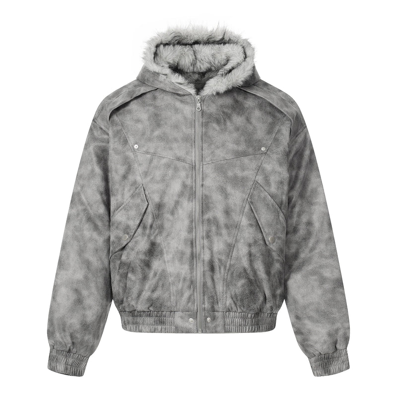 Washed Faux-Fur Hooded Bomber Jacket | Streetwear Winter Coat