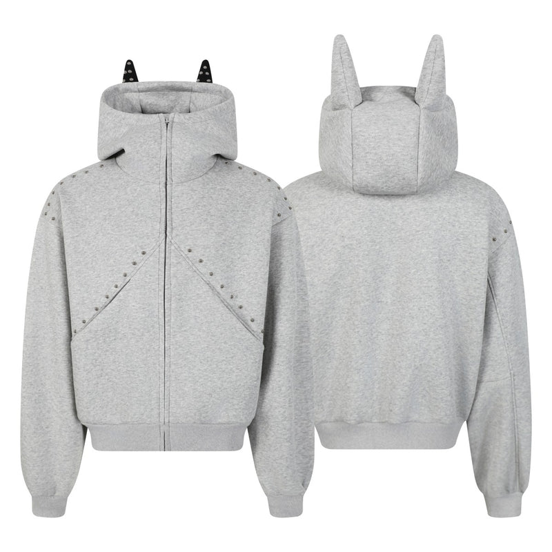 Omirad Devil Horn Studded High-Neck Zip Hoodie | Oversized Fit