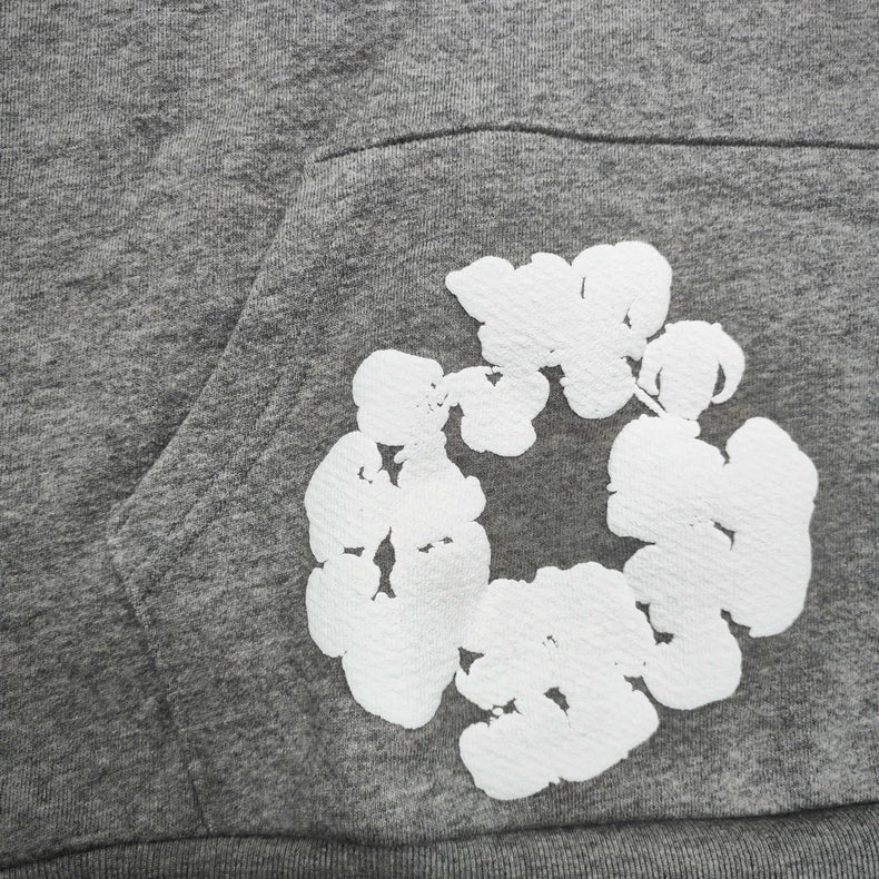 Gray “Cotton Wreath” Denim Tears Hoodie – White Floral Print Streetwear Pullover