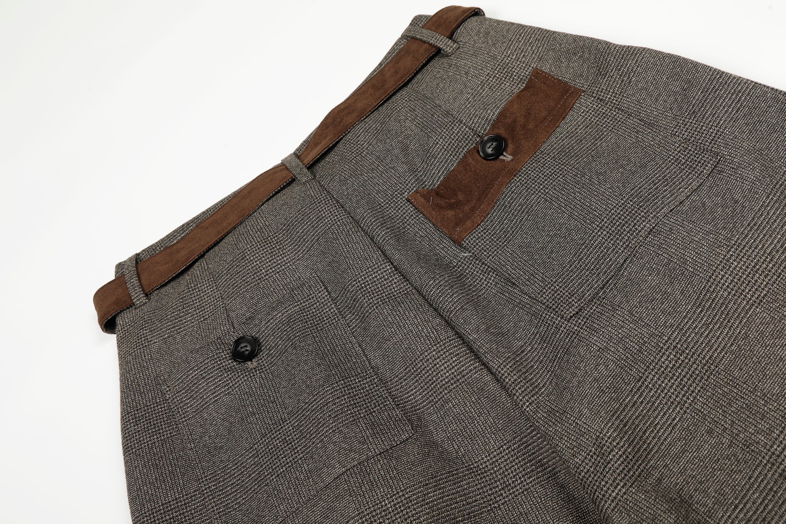 Wide-Leg Plaid Suit Trousers with Suede Trim & Belt
