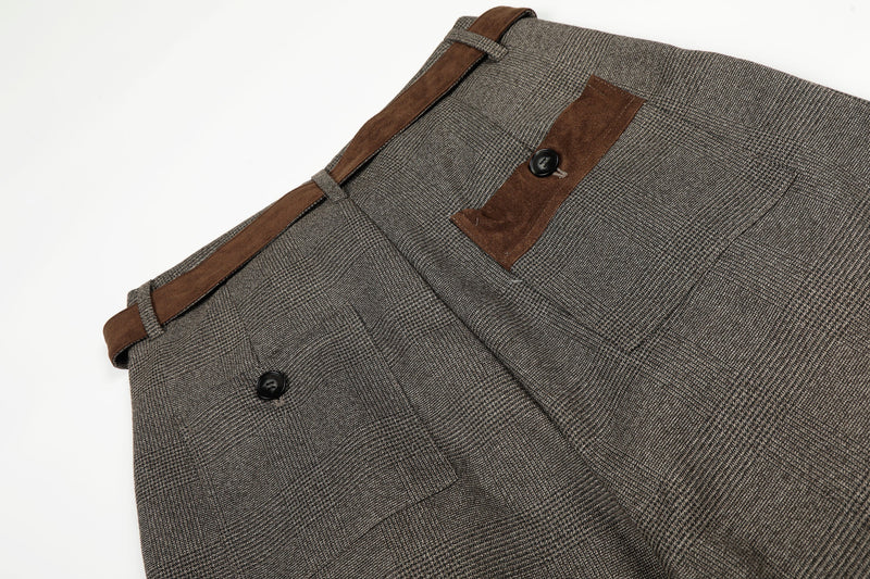 Wide-Leg Plaid Suit Trousers with Suede Trim & Belt