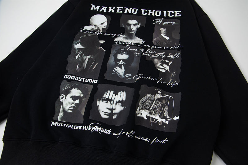 Close-up of black hoodie front print with collage portraits and white script text
