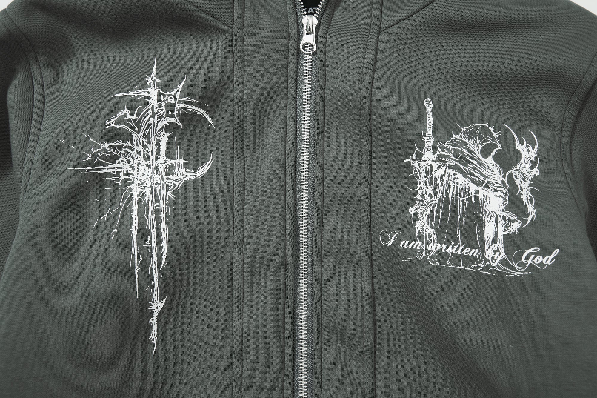 Gothic Line Art Zip-Up Hoodie | Dark Streetwear Cotton