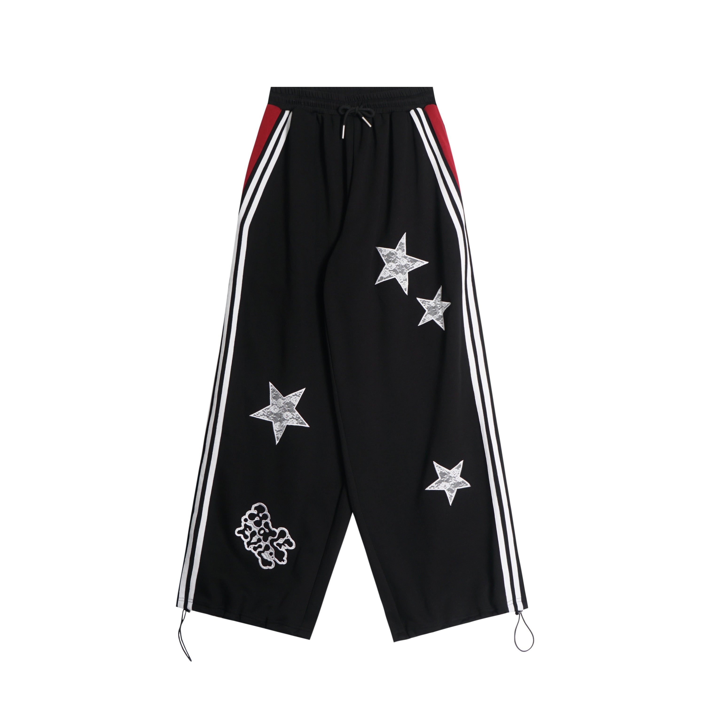 Wide-Leg Track Pants with Lace Star Appliqué & Side Stripes