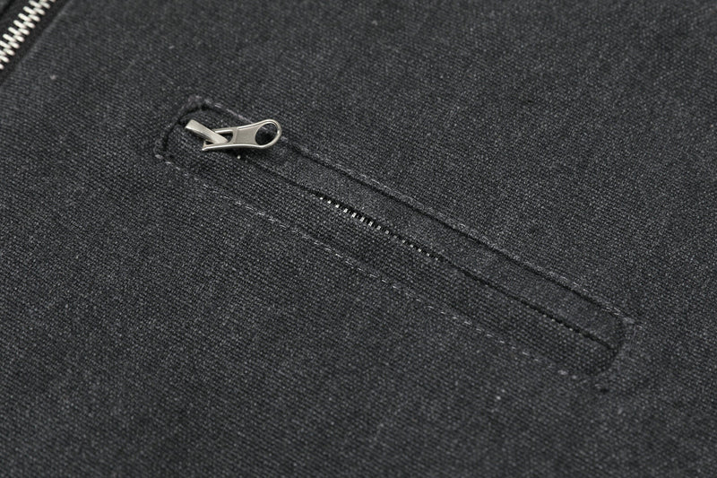 Close-up of chest zipper pocket on black textured jacket fabric