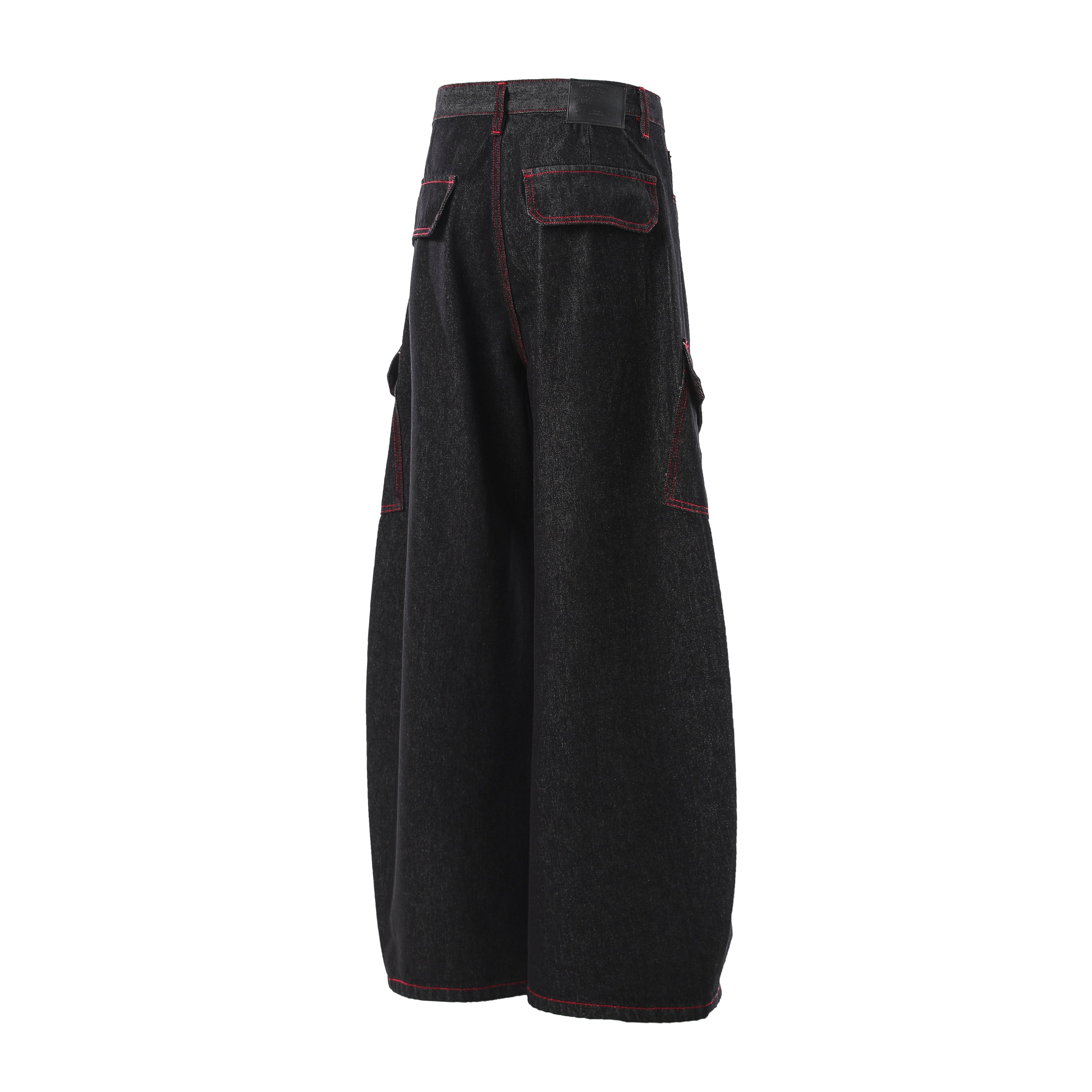 Omirad Red-Stitch Curved Cargo Denim Pants | Wide Leg