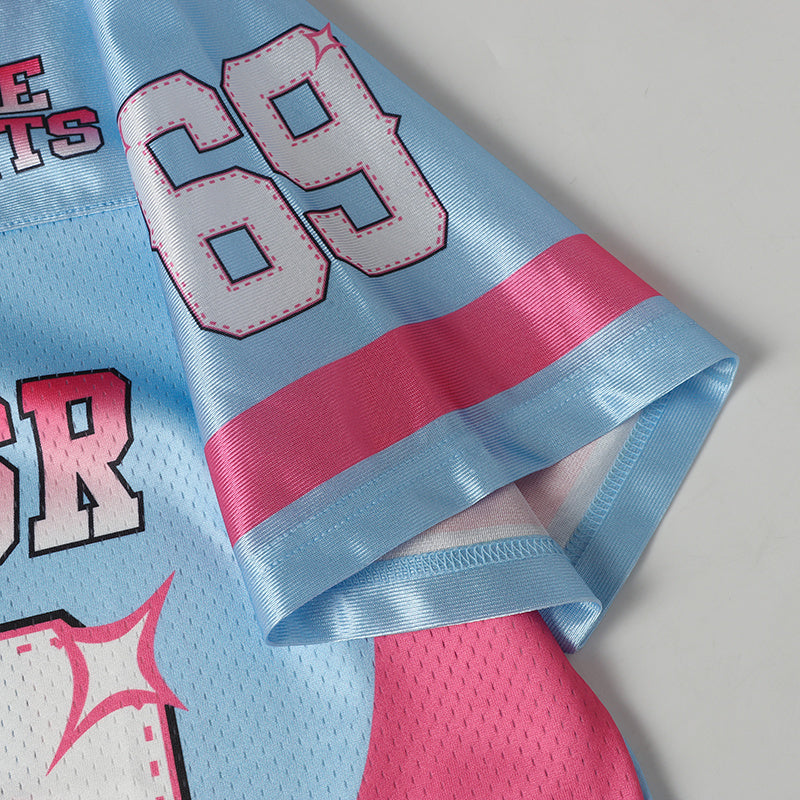 Y2K Football Jersey | Baby Blue & Pink Streetwear Mesh Top